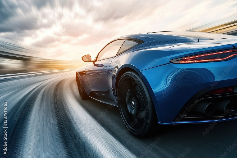 Obraz premium Fast blue business car navigating a sharp turn on a high-speed highway