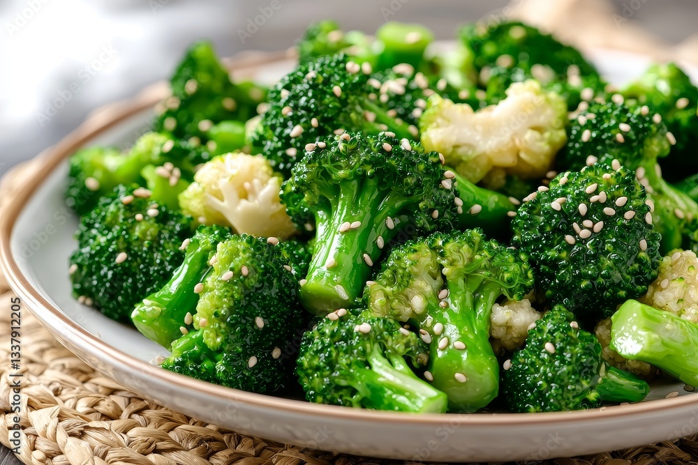 Broccoli stir-fry with sesame seeds concept. Freshly cooked broccoli and cauliflower garnished with sesame seeds on a plate. Broccoli stir-fry with sesame seeds concept. Freshly cooked broccoli and cauliflower garnished with sesame seeds on a plate.