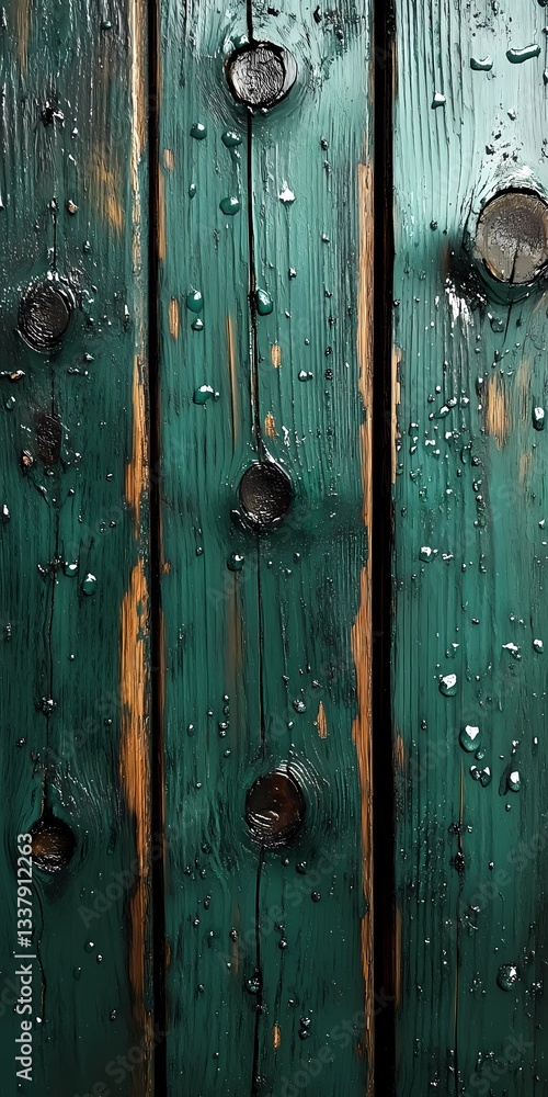 Fototapeta premium Green wooden surface with visible natural grain and textured patterns, featuring rustic aged wood with a weathered appearance and subtle distressed details