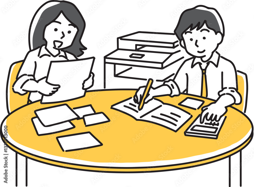 書類確認をする女性と電卓で計算をする男性