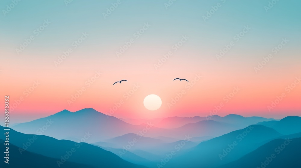 Against a backdrop of snowy peaks and a soft turquoise sky, red origami paper birds fly in formation, creating a tranquil nature scene that symbolizes wellness and freedom Against a backdrop of snowy peaks and a soft turquoise sky, red origami paper birds fly in formation, creating a tranquil nature scene that symbolizes wellness and freedom