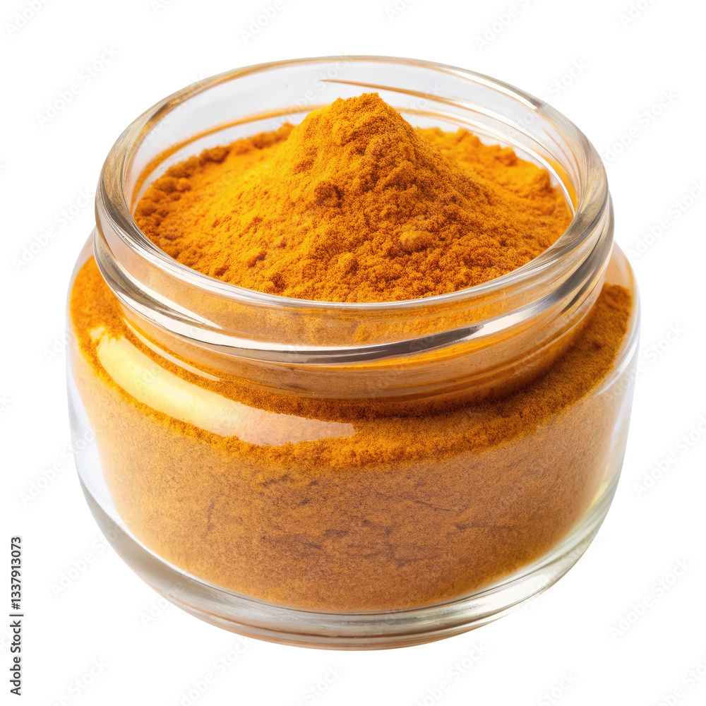 turmeric powder in a glass jar isolated on transparent white background, clipping path turmeric powder in a glass jar isolated on transparent white background, clipping path