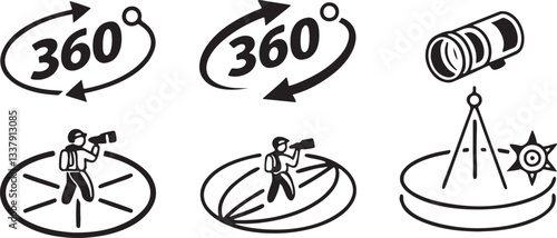 360-Degree Photography and Panorama Icons | Virtual Tour, Wide-Angle, and Survey Symbols