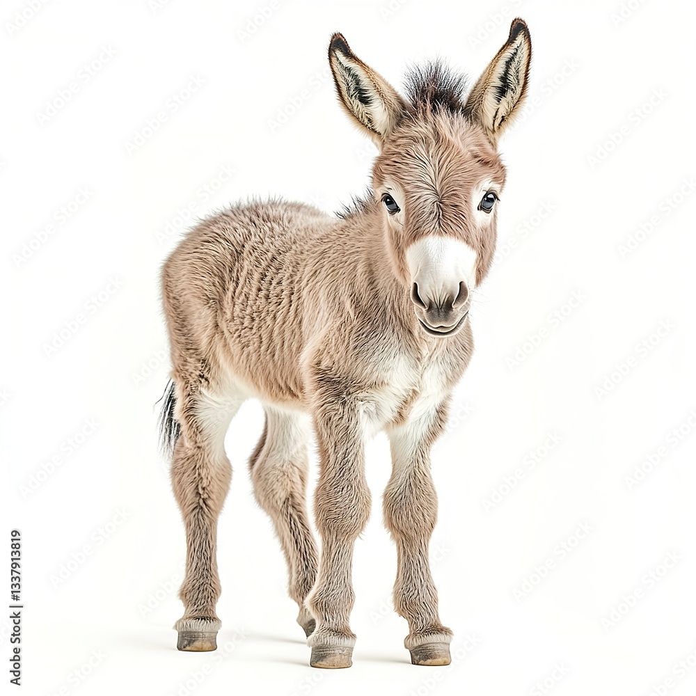 A baby donkey standing shyly, soft fur details, high-key lighting, full-body shot, white background. A baby donkey standing shyly, soft fur details, high-key lighting, full-body shot, white background.
