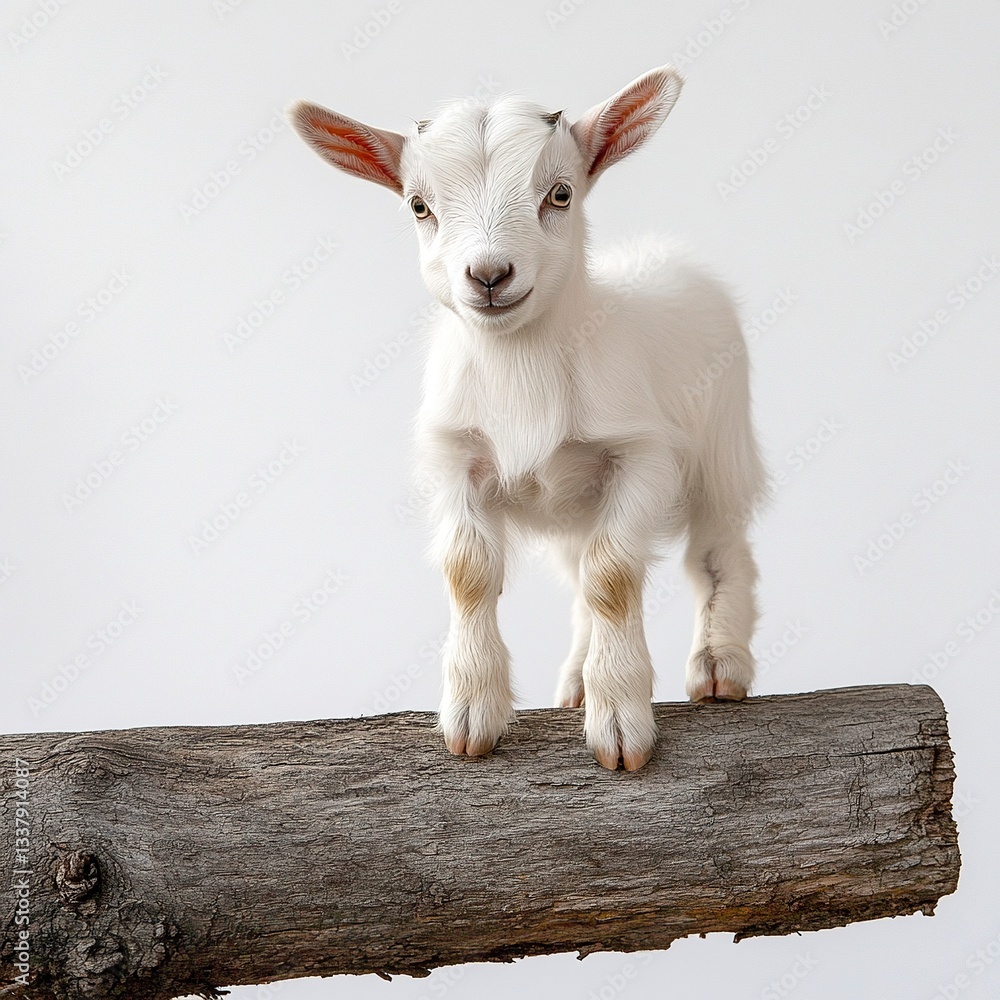 Fototapeta premium A baby goat standing on a log, playful stance, sharp fur details, high-resolution lighting, white background 