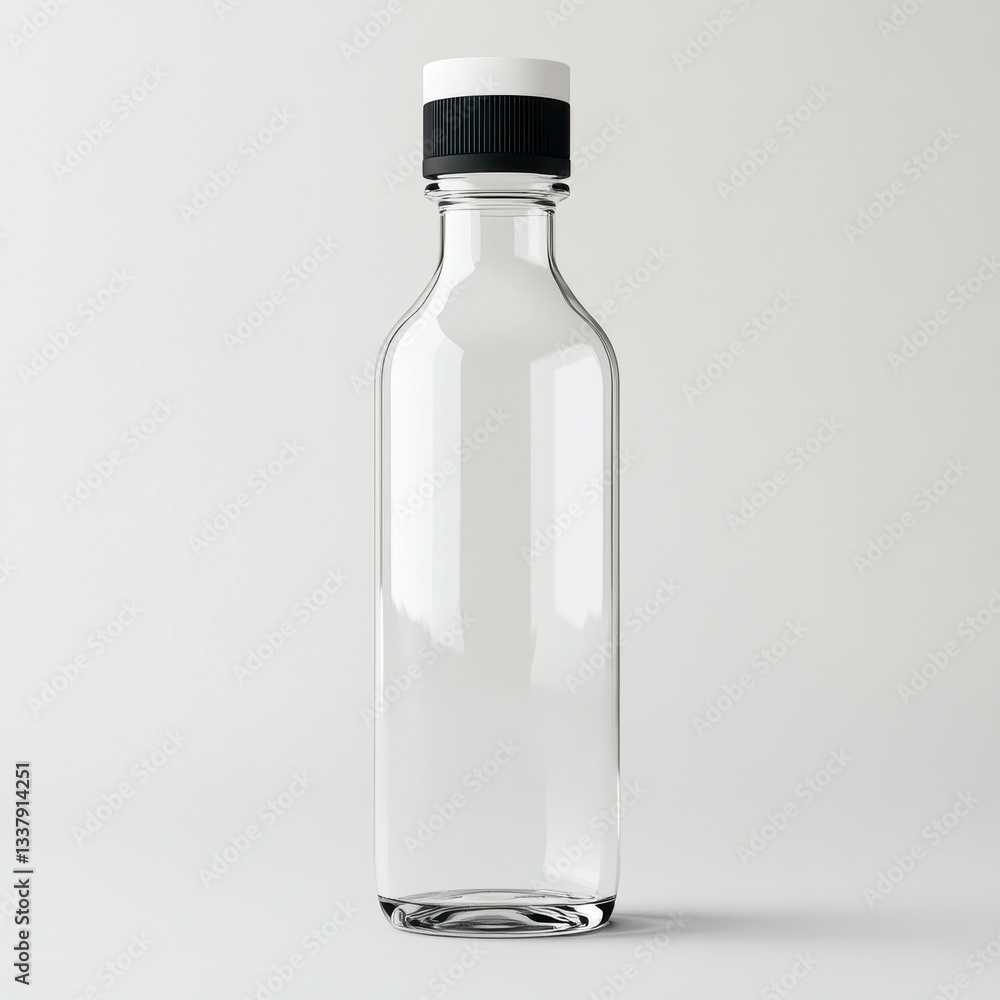 Clear Glass Bottle with Black and White Cap on White Background Clear Glass Bottle with Black and White Cap on White Background