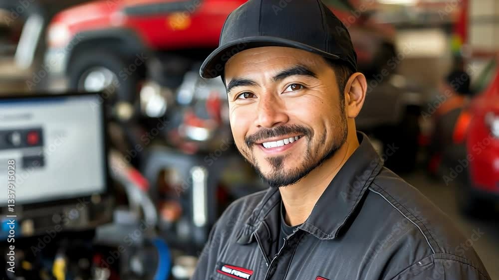 Smiling mechanic in workshop wearing cap and uniform, showcasing professionalism and confidence surrounded by tools and equipment. Smiling mechanic in workshop wearing cap and uniform, showcasing professionalism and confidence surrounded by tools and equipment.