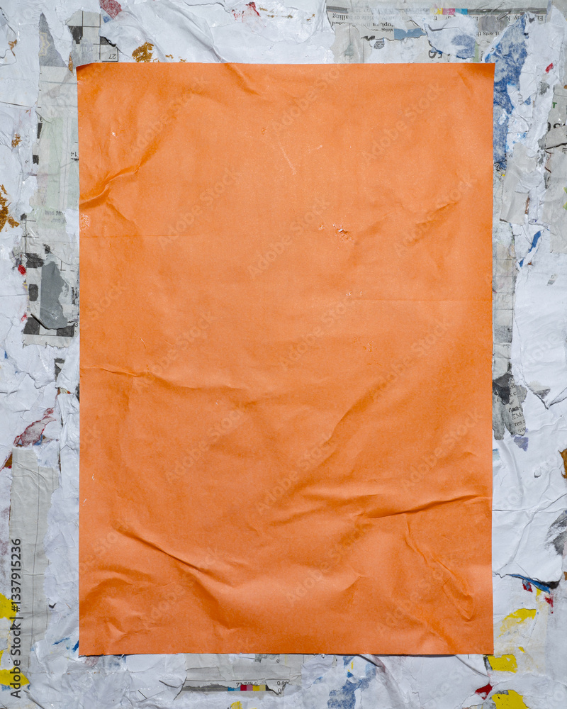 Fototapeta premium Orange vertical paper poster on dirty street style wall. collage art paper frame mockup.