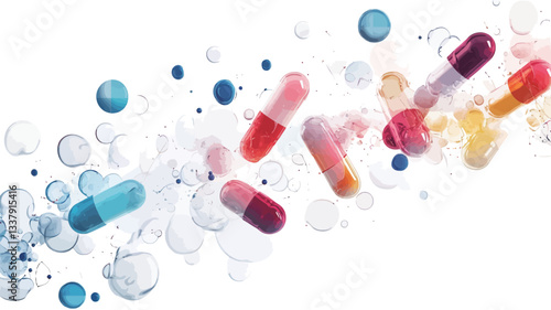 The image shows a dynamic composition of various colored capsules and pills seemingly floating against a white background.  The capsules and pills are in various sizes and colors, suggesting a