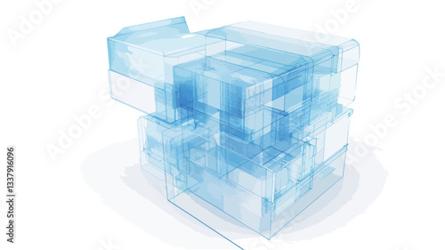 The image is a 3D rendering depicting an abstract composition of numerous translucent blue glass cubes of varying sizes.  The cubes are stacked and interlocked, creating a complex,