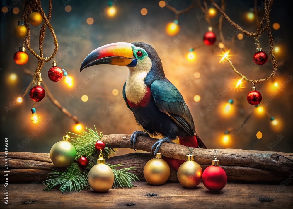 Fototapeta premium Vintage Christmas Toucan: Colorful Bird on Festive Branch with Lights