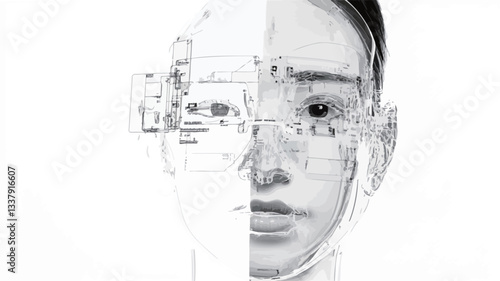 The image is a black and white, close-up portrait of a person's face. The face is split vertically, with one half rendered realistically and the other half as an abstract pattern of lines and