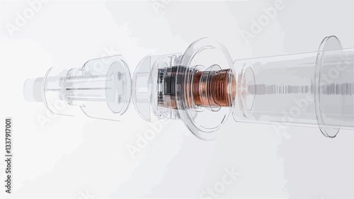 The image presents a detailed exploded view technical drawing of a small, cylindrical mechanical device.  The drawing is rendered in grayscale, showing various individual components in an exploded