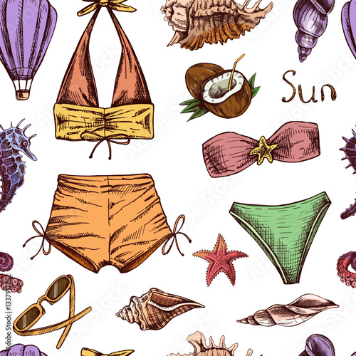 hand drawn colored seamless pattern with beachwear, seashells and tropical elements in vintage style
