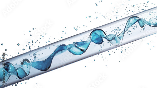 The image depicts a digitally rendered or digitally manipulated image of a transparent tube. Inside the tube, a blue liquid is shown flowing in a helical or spiral pattern. The liquid has a
