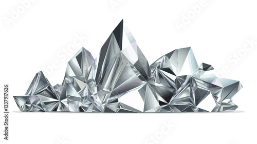 A digital rendering depicting a cluster of abstract, geometric silver crystals. The crystals are highly reflective, showcasing sharp angles and facets.  The overall form is irregular and resembles