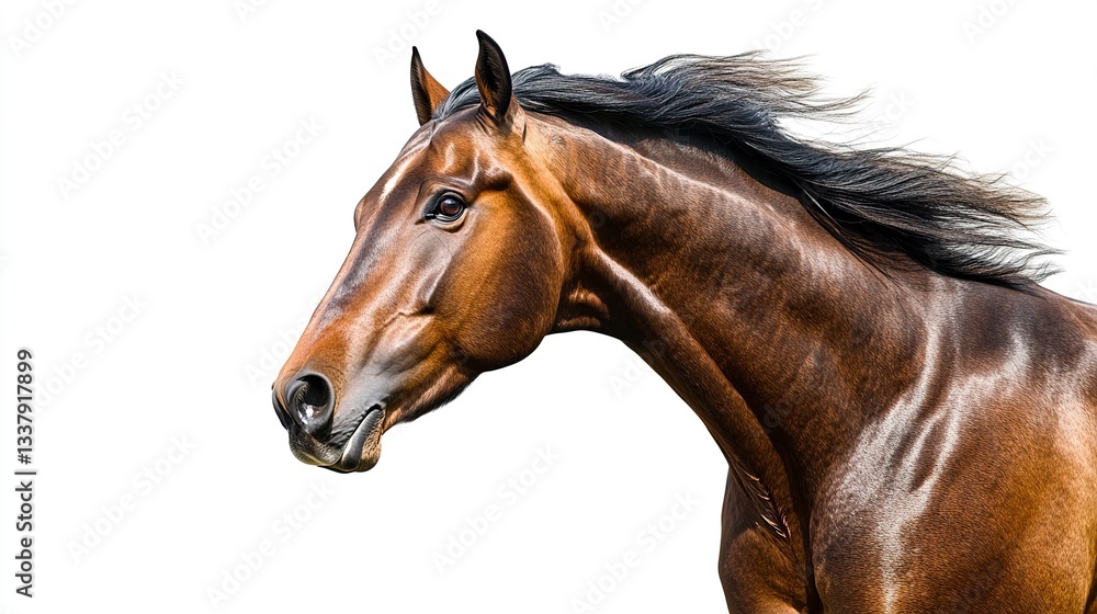 Obraz premium A beautifully detailed side-profile of a galloping horse, its muscles tensed and energy radiating, with its striking form isolated against a crisp white backdrop