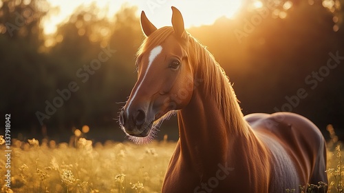 A beautifully lit portrait of a bay horse standing tall, its ears pricked forward and nostrils flaring, with soft light accentuating the sheen of its sleek coat, cinematic close-up shot.  