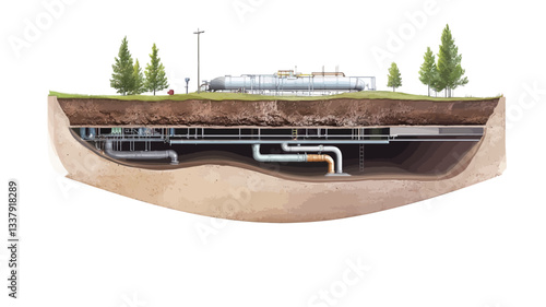 A digitally created 3D illustration depicting a cross-section of underground infrastructure.  The image shows various pipes, conduits, and possibly cables running beneath a section of land.  The