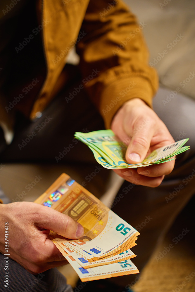 Person counting euro banknotes at home. Person planning his personal finances, sitting on sofa with cash money. Concept of planning home budget, savings and personal finances