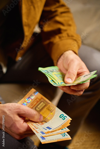 Obraz na płótnie Person counting euro banknotes at home. Person planning his personal finances, sitting on sofa with cash money. Concept of planning home budget, savings and personal finances w salonie