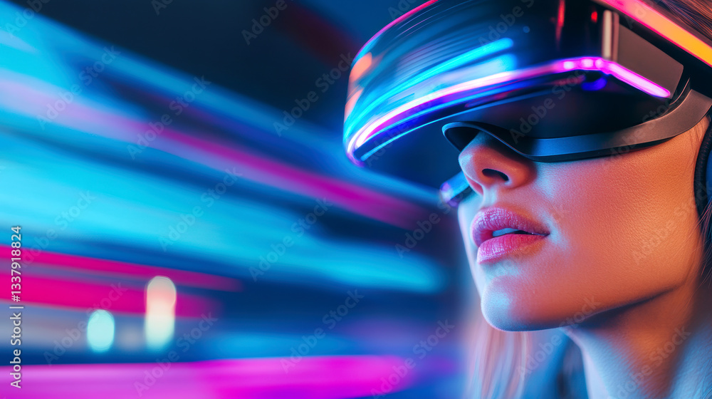Fototapeta premium Young caucasian woman exploring virtual reality with neon lights futuristic digital experience concept