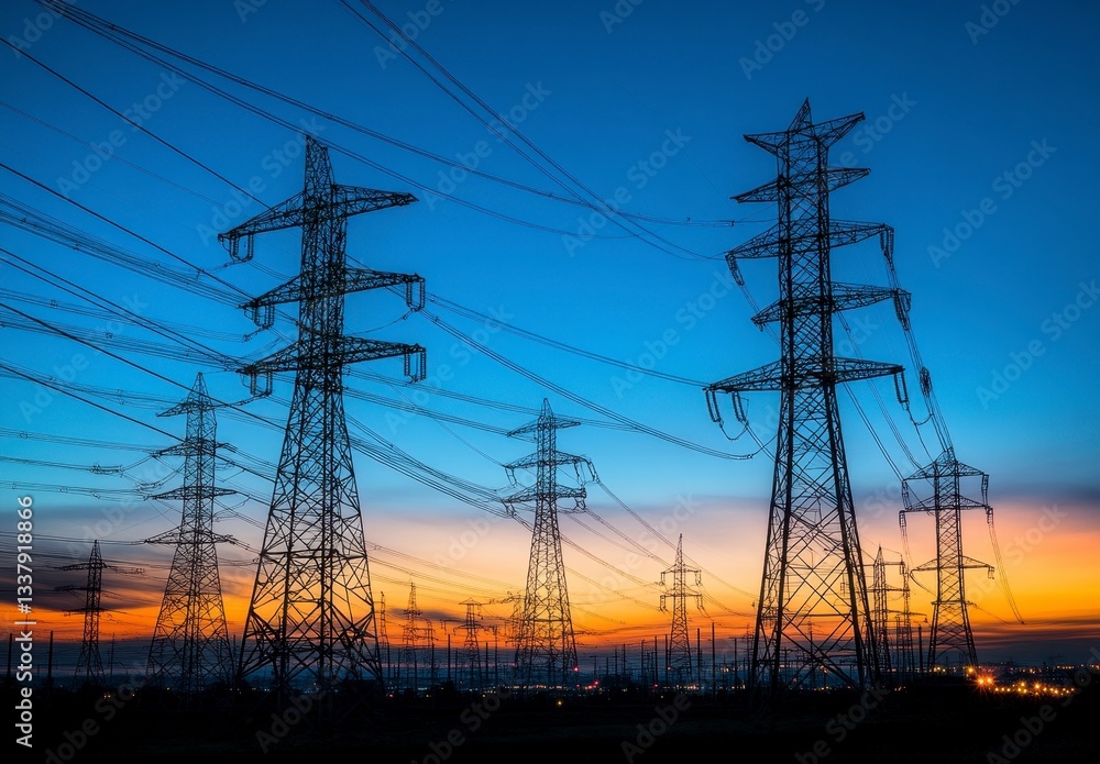 Fototapeta premium Silhouetted Power Pylons at Sunset