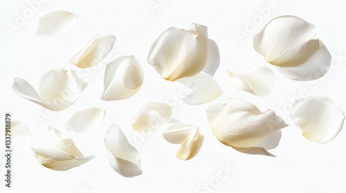 Flying white rose petals isolated on PNG background