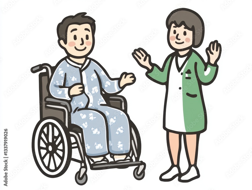 Smiling Patient and Caregiver in Wheelchair  Lighthearted Medical Illustration