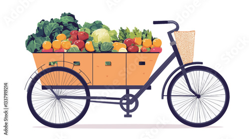 Illustration of a tricycle with a large, rectangular cargo box overflowing with a variety of colorful fruits and vegetables. The tricycle is dark-colored with spoked wheels.  The cargo box is light