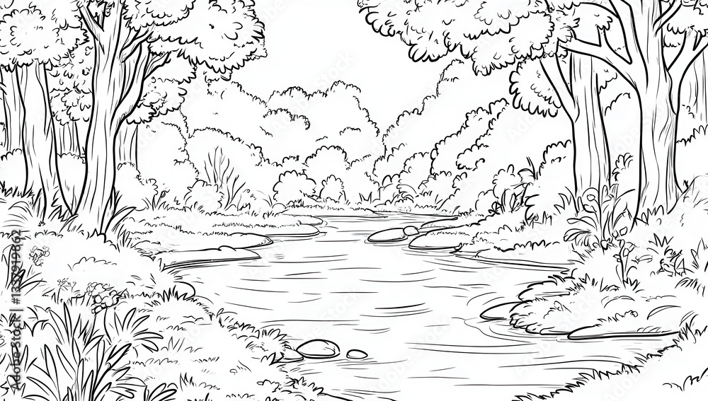 Obraz premium Tranquil River Landscape Sketch Black and White Nature Drawing