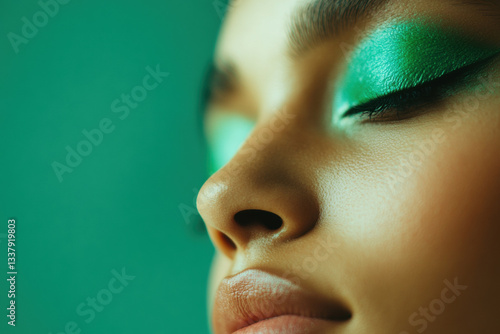 Close up of woman with vibrant green eye makeup and smooth skin against a green background photo