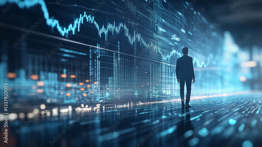 Silhouette of a Man in the Financial World: A solitary businessman walks confidently into a future of digital information, surrounded by data charts. Silhouette of a Man in the Financial World: A solitary businessman walks confidently into a future of digital information, surrounded by data charts.