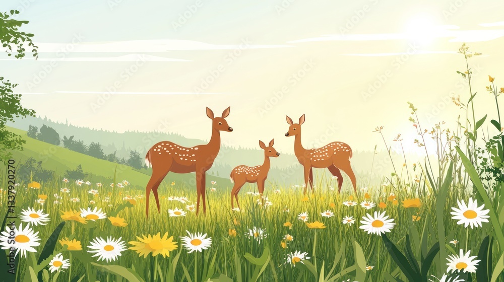 Naklejka premium Deer family in a blooming meadow at sunrise.
