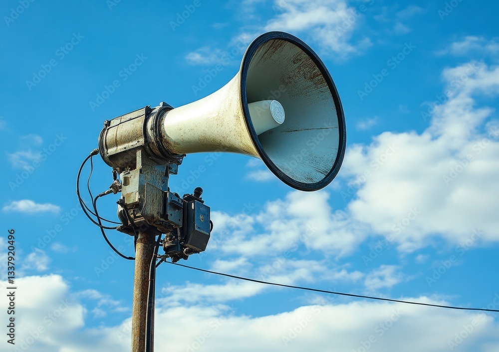 Weathered White Megaphone on Wooden Post Under Blue Sky Weathered White Megaphone on Wooden Post Under Blue Sky
