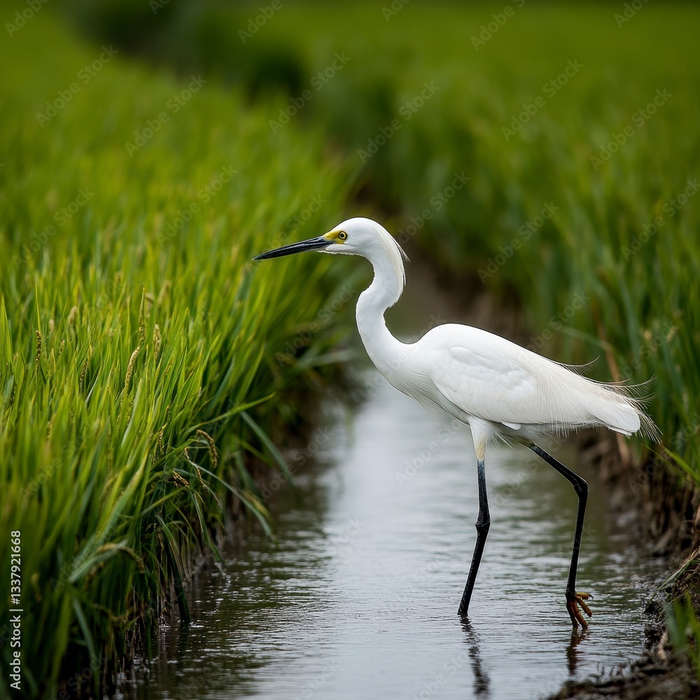 White Egret Wading in Lush Green Rice Paddy Field White Egret Wading in Lush Green Rice Paddy Field