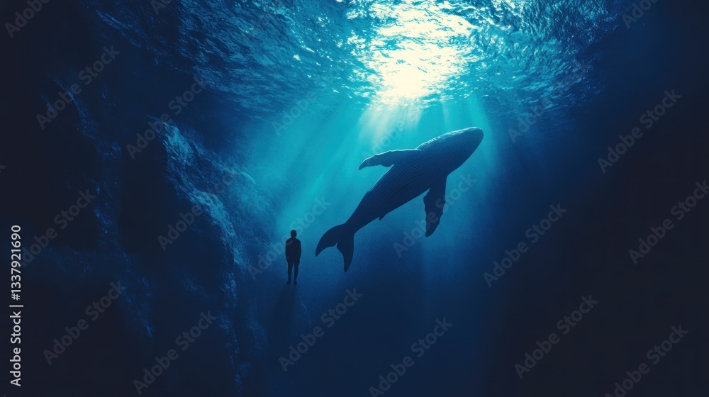 Fototapeta premium Whale, underwater, sunbeam, lone figure, ocean depths