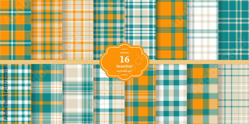 Cream Bisque Tartan patterns fabric texture. Modern Vivid Poppy Seamless Tartan Set of 16