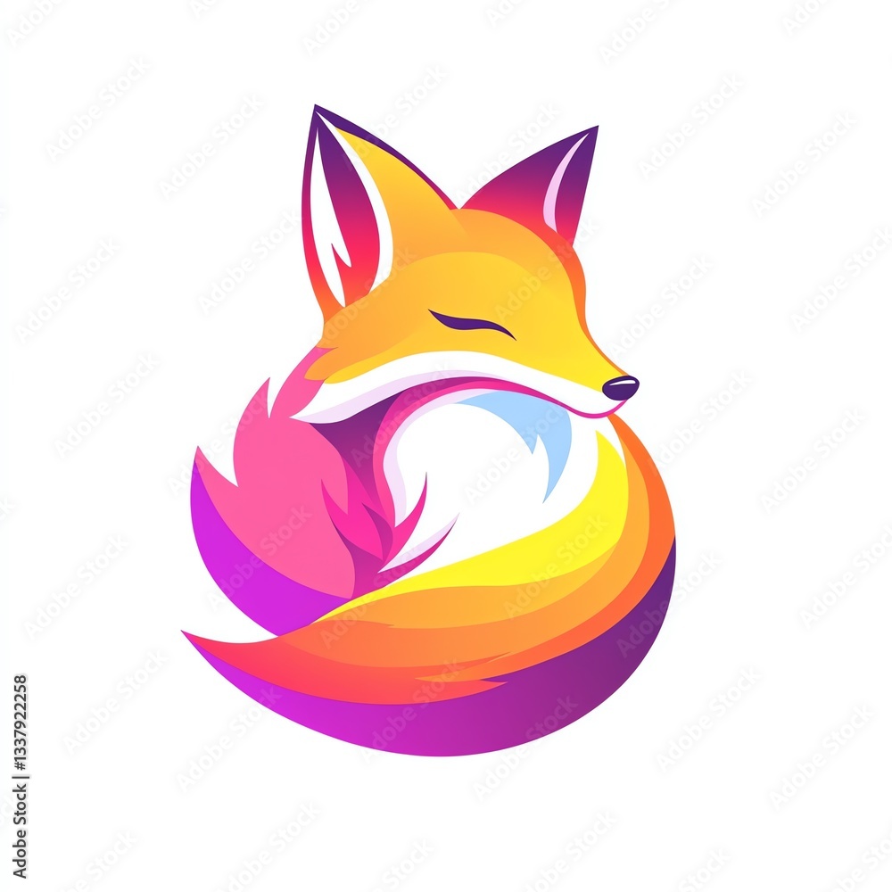 Serene slumber of a vibrant fox, its colorful tail a breathtaking spectacle against a pure white backdrop. Serene slumber of a vibrant fox, its colorful tail a breathtaking spectacle against a pure white backdrop.