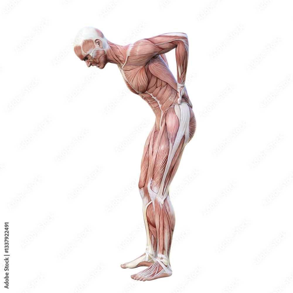 腰痛で腰を押さえる男性と筋肉の部位の名称のイラスト 全身横向き