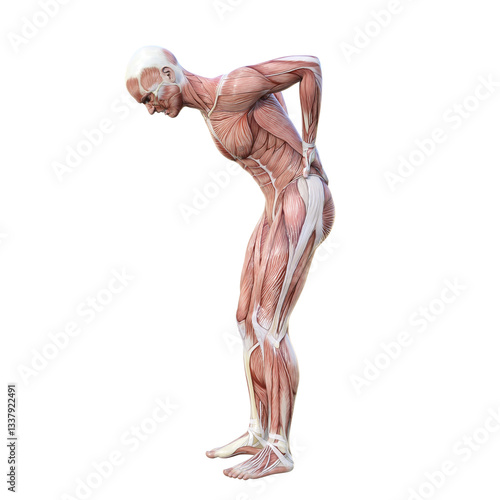 腰痛で腰を押さえる男性と筋肉の部位の名称のイラスト 全身横向き