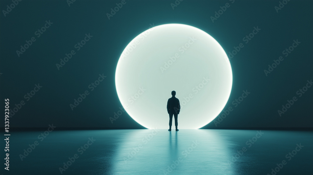 Obraz premium Enigmatic Gateway: Silhouette of a person stands before a radiant, circular portal, evoking a sense of mystery, possibility, and the unknown future.