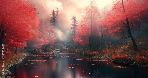 Autumnal forest stream, vibrant red leaves, tranquil scene, ideal for nature wallpaper