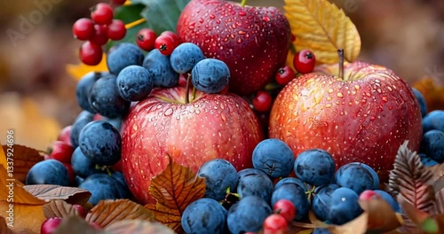 Autumn fruits apples and grapes among fallen leaves. Beautiful display. Potential use Stock photo
