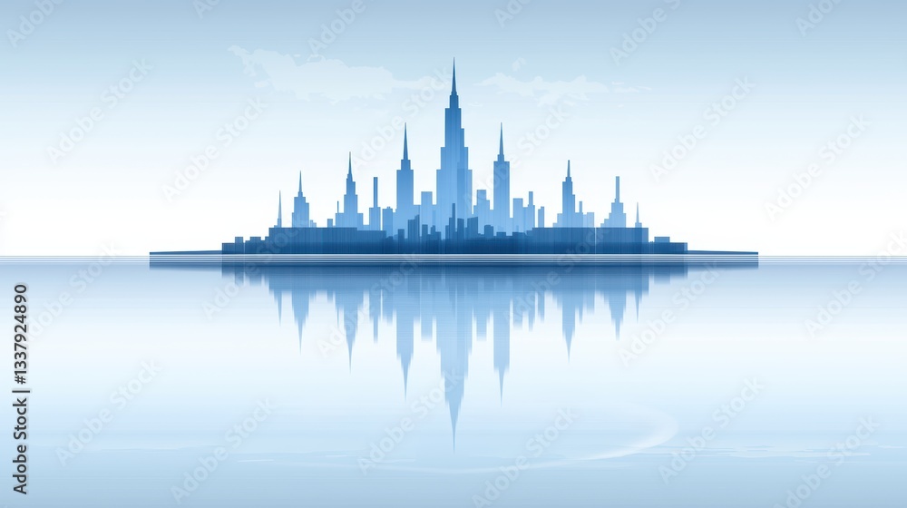 Naklejka premium Spectacular city skyline reflected in tranquil waters, a captivating urban panorama