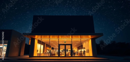 Sleek, modern storefront glowing brightly against a star-filled night, structure, lights