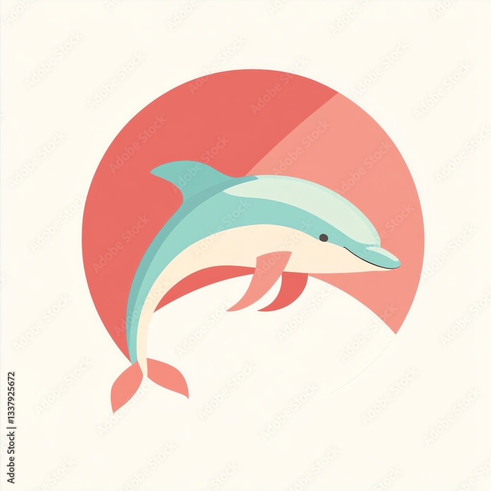 Fototapeta premium PlayfulDolphinLeapsAcrossCoralRedCircle,Avibrantdesignfeaturingamajesticdolphin