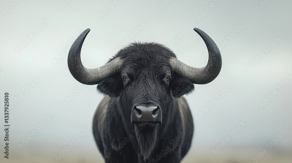Naklejka premium Majestic Buffalo Portrait: A powerful buffalo with impressive, curved horns stands boldly, its dark coat contrasting against a hazy, expansive backdrop.