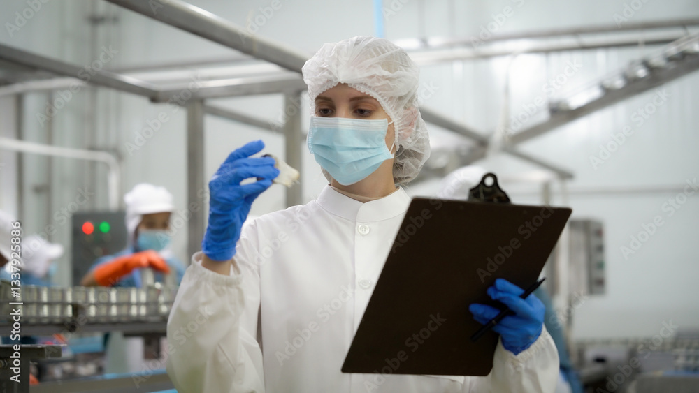 Naklejka premium A woman in a white lab coat and blue gloves holds a clipboard. She wears a mask and looks at something in her hand.