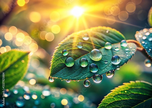 Vintage Morning Dewdrops on Lush Green Leaves - Stock Photo